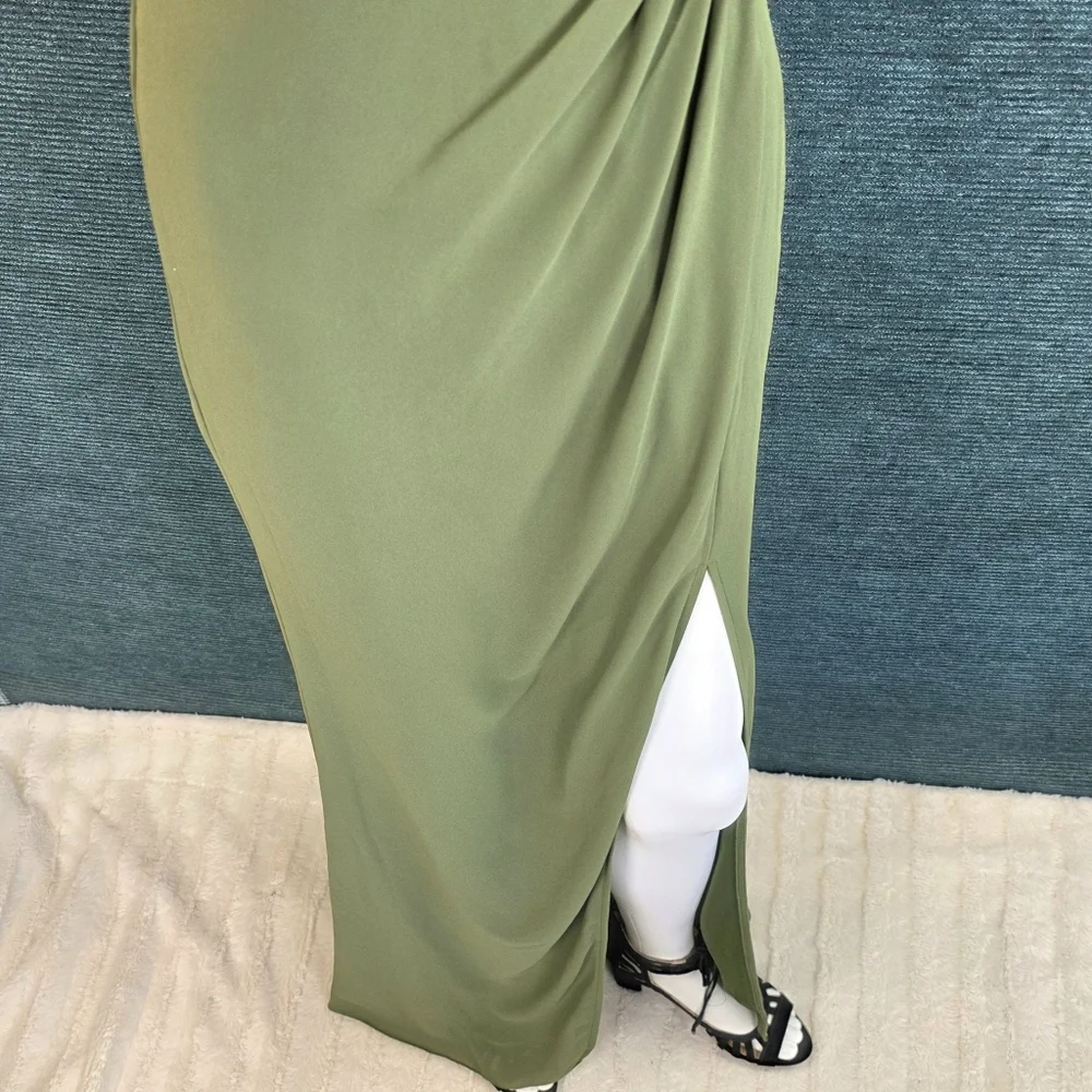David's Bridal Chiffon Cowl Back V-neck Sheath Dress Martini Olive Color - Picture 9 of 14